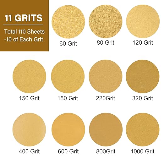 LotFancy 110 PCS 5 Inch 8 Hole Sanding Disc, 60 80 120 150 180 220 320 400 600 800 1000 Grit Aluminum Oxide Sandpaper Assortment, Sand Paper for Wood, Plastic, Rust Removal, Random Orbital Sander Pads