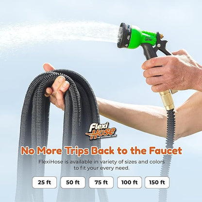 Flexi Hose PLUS with 8 Function Nozzle Expandable Garden Hose, Lightweight & No-Kink Flexible Garden Hose, 3/4 inch Solid Brass Fittings and Double Latex Core, 75 ft Black
