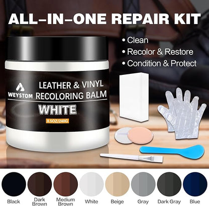 Leather Recoloring Balm - White Leather Repair Kit for Furniture, Dye, Recolor, Renew, Repair & Restore Aged, Faded, Cracked, Peeling and Scuffed