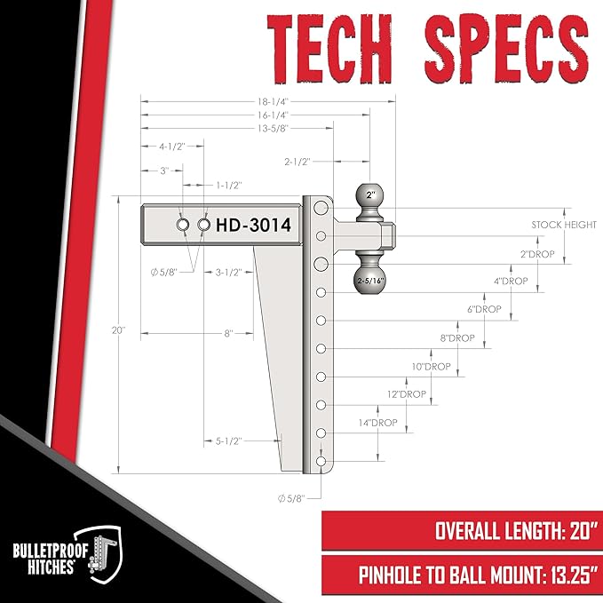 BulletProof Hitches - 3.0" Adjustable Heavy Duty Trailer Hitch (22,000 lb. Rating) - 14" Drop/Rise Trailer Hitch with 2" & 2-5/16" Dual Ball - Powder Coat, Solid Steel, Corrosion-Resistant