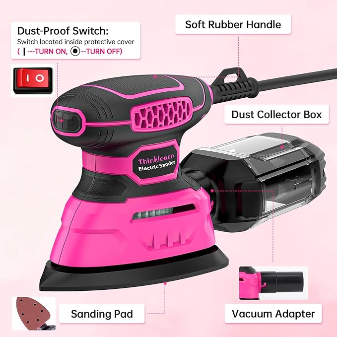 THINKLEARN Detail Sander - 13000 OPM Compact Electric Sander Tool, 1.2A Mouse Sanders with 15Pcs Sandpapers and Dust Box, Handheld Sanding Machine for Woodworking, Furniture and Small Projects