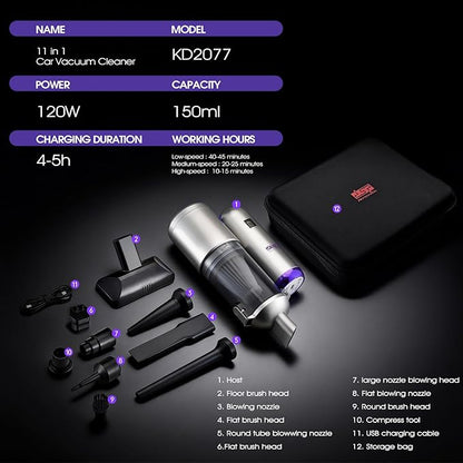 DSP 11-in-1 Handheld Car Vacuum Cleaner, 120W High Power Cordless Vac with 17kPa Suction, Multi-Nozzles for Car, Home, Keyboard, Sofa & Pet
