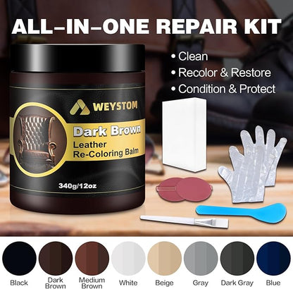 WEYSTOM Leather Recoloring Balm, 12oz Large Size Leather Dye, Color Restorer, Scratch Repair, Furniture & Couch Restorer Kit, Repair Kit for Furniture(Dark Brown)