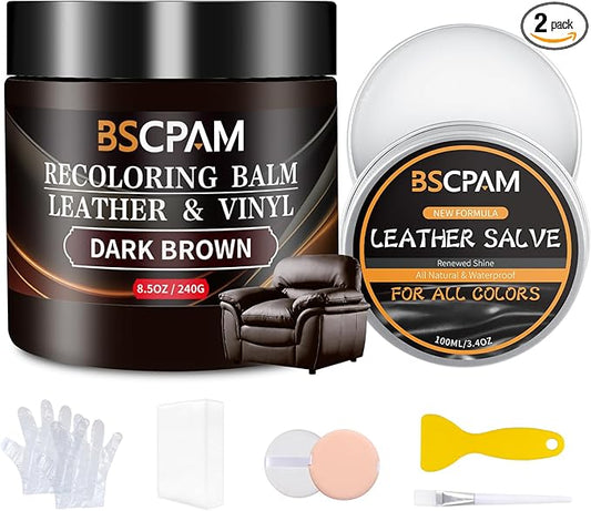 BSCPAM Dark Brown Leather Recoloring Balm with 100ml Mink Oil,Leather Couch Scratch Remover,Leather Repair kit for Vinyl Furniture and Car Interior,Leather Dye Paint,Mink Oil for Leather