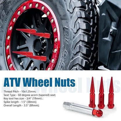 JiiinMiiin M10x1.25 Long Steel Spike Lug Nuts, Thread Pitch 10x1.25, Set of 16 ATV Wheel Nuts with A Socket. [Red]