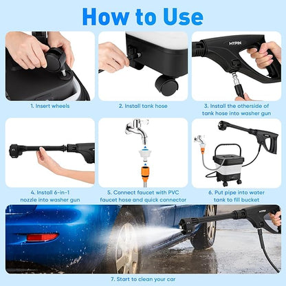 660PSI Portable Cordless Pressure Washer with Folding 3.4Gal Tank, 6-in-1 Nozzle, 7 Adjustable Pressure Levels, 7M Hose, Portable Sprayer with Wheels for Car Floor Wall Fence Cleaning (White)
