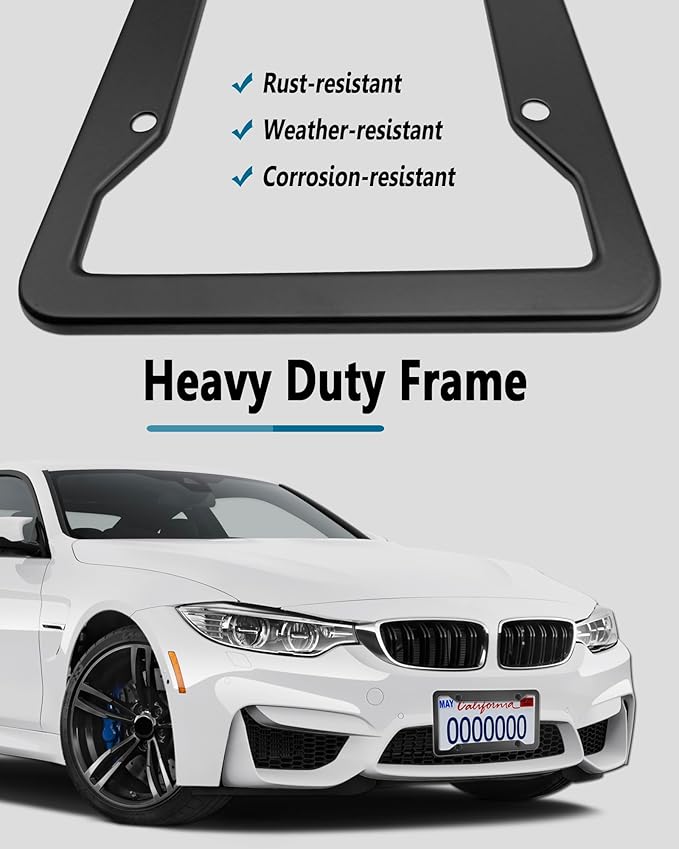 Black License Plate Frames- 2 Pack Aluminum Front & Rear Auto Car Tag Holder, Heavy Duty Bracket with Mount Hardware, Screws Caps, Rattle Proof Pads (Black