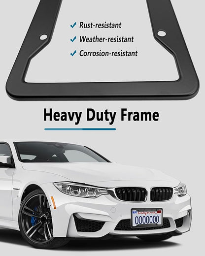 Black License Plate Frames- 2 Pack Aluminum Front & Rear Auto Car Tag Holder, Heavy Duty Bracket with Mount Hardware, Screws Caps, Rattle Proof Pads (Black