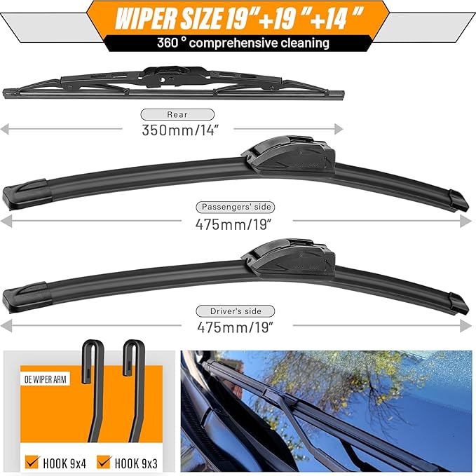AUTOBOO 19"+19" Windshield Wipers with 14" Rear Wiper Blade Replacement for Jeep Liberty 2008 2009 2010 2011 2012-Original Factory Quality (Pack of 3)