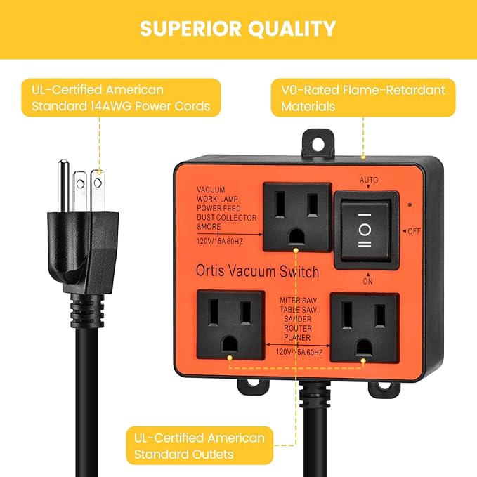 Automatic Vacuum Switch, Ortis Vacuum Switch for More Power Tools, Delay Vacuum On/Off to Prevent Circuit Overload and Tripping, Keep Your Workplace Cleaner, Better for Your Lung