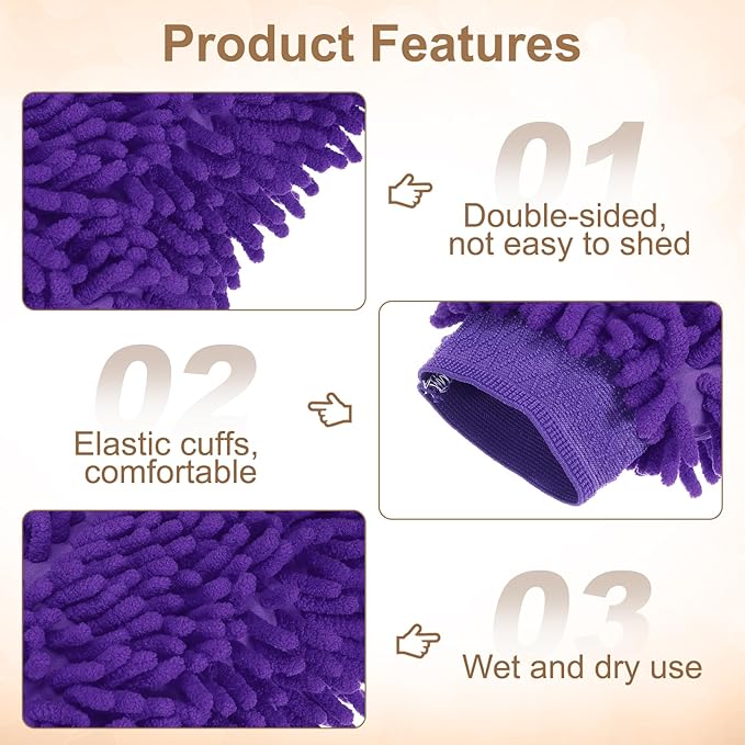 HARFINGTON 2pcs Chenille Microfiber Car Wash Mitts 9.8" x 7.9" Scratch Free Wash Gloves Absorbent Double Sided Plush Cleaning Drying Mitts for Car Washing Home Purple