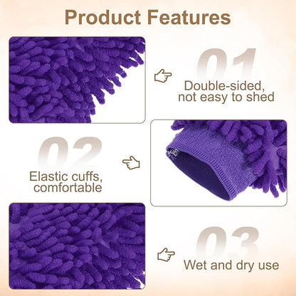 HARFINGTON 2pcs Chenille Microfiber Car Wash Mitts 9.8" x 7.9" Scratch Free Wash Gloves Absorbent Double Sided Plush Cleaning Drying Mitts for Car Washing Home Purple