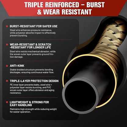 33FT Steel Wire Braided Washer Hose – Kink-Resistant, 248Bar / 3600 PSI, Burst-Resistant Replacement Hose with M22 Fittings – Compatible with Ryobi, Greenworks, Troy-Bilt, Most Power Washers.