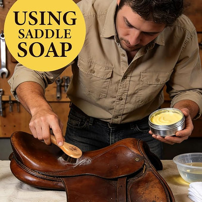 Awaydol Saddle Soap for Leather 3.52oz,3-in-1 Leather Cleaner & Conditioner to Soften,Protect Leathercraft with Horsehair Brush & Cloth,Leather Soap for Car Interior,Couch,Shoe,Purse,Boot,Bag & Saddle