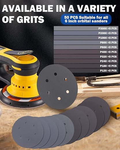 50PCS 6 Inch Wet Dry Sanding Paper Discs Hook and Loop, 6 Hole 120 to 1000 2000 3000 Grit Sandpaper for DA Random Orbital Sander, Silicon Carbide Fine Sandpaper Assortment for Car Wood Metal Polishing