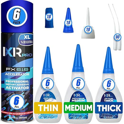 CA Glue with Activator Kit (18x1.75 oz. Thin-Medium-Thick + 6x16.9 fl.oz.) Cyanoacrylate Glue and Activator, Super Glue Accelerator, Super Glue for Wood, Woodworking, Plastic, Guitar, 3D Printing