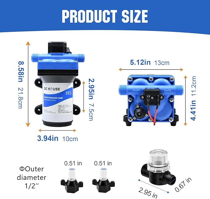 DC HOUSE 42 Series RV Water Pump Replacement Quiet 12V 3.5GPM 55PSI, 12 Volt Water Diaphragm Pressure Pump Self Priming with Bypass for Reduced Cycling Transfer Fresh Salt Liquid Yacht Trailer Truck