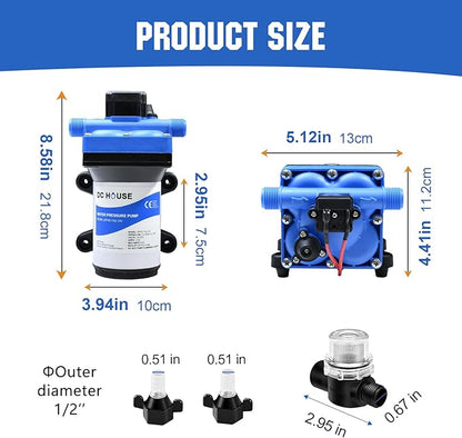 DC HOUSE 42 Series RV Water Pump Replacement Quiet 12V 3.5GPM 55PSI, 12 Volt Water Diaphragm Pressure Pump Self Priming with Bypass for Reduced Cycling Transfer Fresh Salt Liquid Yacht Trailer Truck