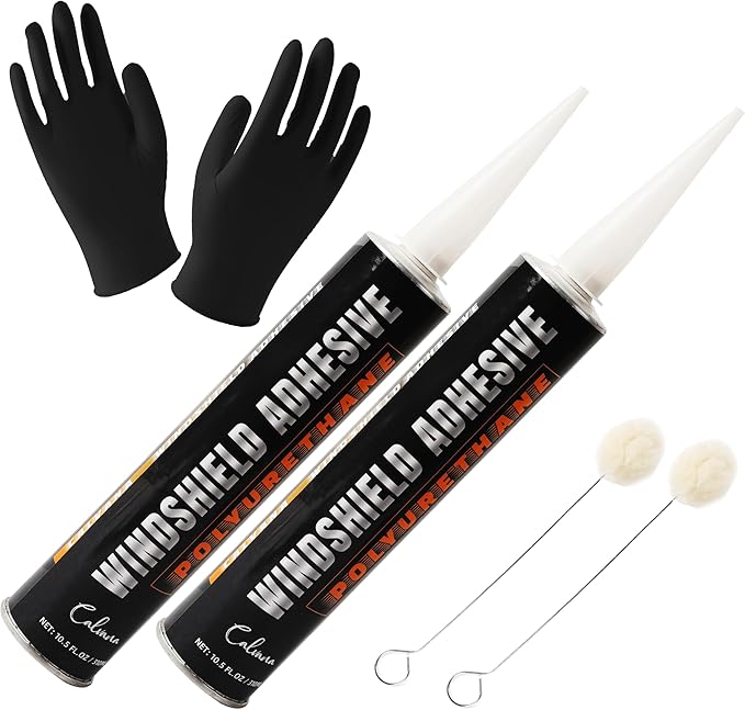 Calvana (2-Pack) Urethane Windshield Adhesive, Automotive Polyurethane Sealant, Car Glass Chip & Crack Repair Kit with 1 Pair Gloves, Quick Curing, Weather Resistant, Black, 310ml