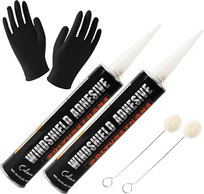 Calvana (2-Pack) Urethane Windshield Adhesive, Automotive Polyurethane Sealant, Car Glass Chip & Crack Repair Kit with 1 Pair Gloves, Quick Curing, Weather Resistant, Black, 310ml