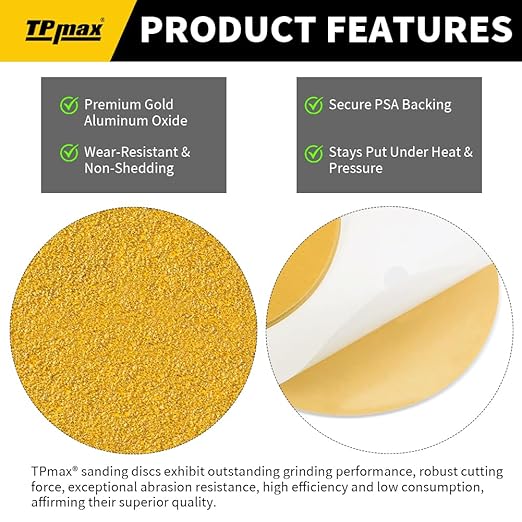 6-Inch 220-Grit Gold PSA Sanding Discs, 50 Pack – Pro-Grade Self-Adhesive Stickyback Sandpaper with Quick-Release Tabs for DA Sander, Fine Automotive/Wood/Metal Sanding