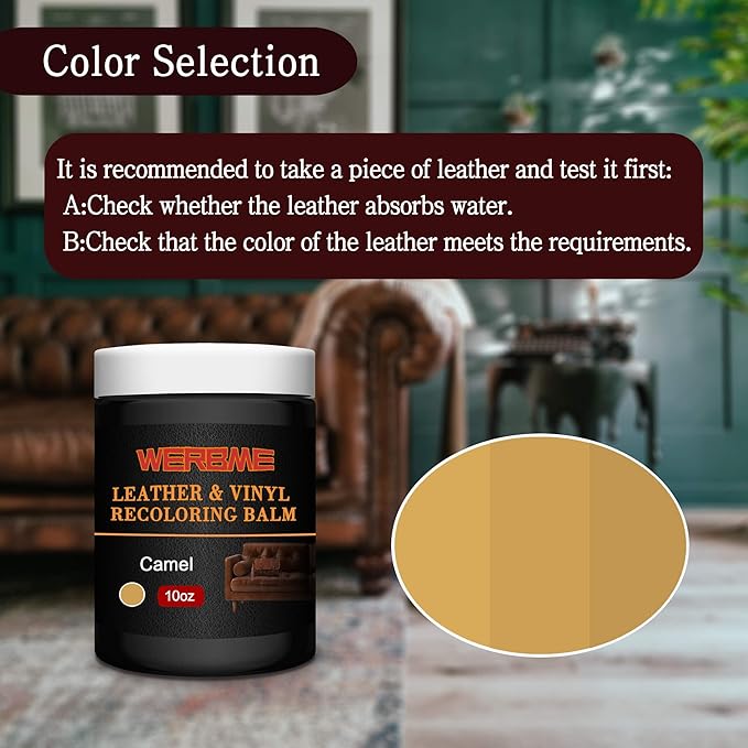 WERBME Leather Recoloring Balm & Color Restorer - 10OZ Multipurpose Dye & Paint for Faded Leather Couches, Car Seats, Shoes | Fix Scratches on Clothing, Furniture & Accessories(Camel)