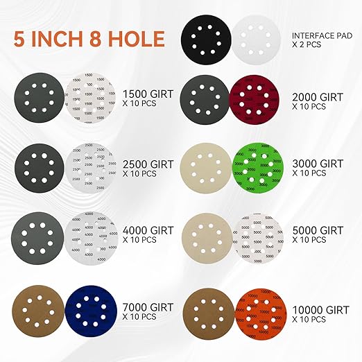 80PCS 5 Inch Sanding Discs Hook & Loop Sandpaper 1500/2000/2500/3000/4000/5000/7000/10000 Grit Orbital Wet Dry Sandpaper with 2PCS Interface Pads for Automotive Wood Metal Polishing