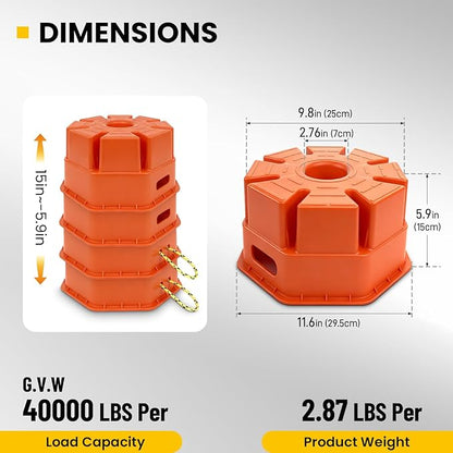 HOXWELL 6" H Trailer Jack Block 4 Pack with Bag, 40000 lbs Capacity per Camper RV Stabilizer Blocks for Any Tongue Jack, Post, Foot, Round Square or Scissor Stabilizer, Stackable & Portable, Orange