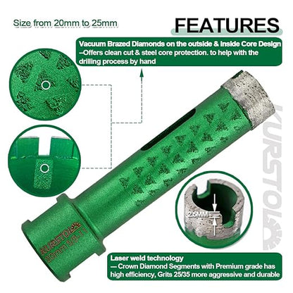 KURSTOL Diamond Core Drill Bits - 1 Inch with 58-11 Thread Granite Hole Saw Dry or Wet Drilling Hard Stone Marble Concrete Quartz Countertop Laser Welded Masonry Coring(25mm)