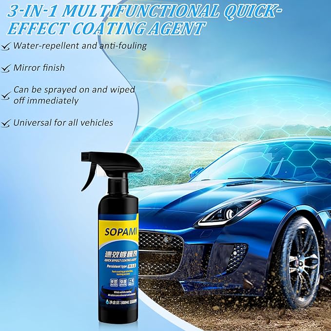 Sopami Car Coating Spray, 17.6 oz Quick Effect Coating Agent,Sopami Quickly Coat Car Wax,Sopami Car Scratch Wax Polish Spray Waterless Wash,Sopami Oil Film Emulsion Glass Cleaner(2PC+2*Sponge+2*Cloth)