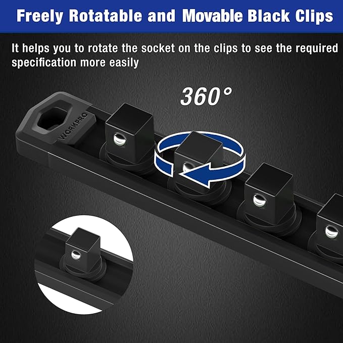 WORKPRO Magnetic Socket Organizer, 3/8-Inch Drive Aluminum Alloy Socket Rail, Heavy Duty Socket Holder, Socket Rack Kit 3/8-Inch x 10 Clips Black (Socket not Included)