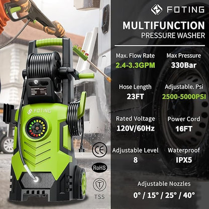 2026Upgraded Pressure Washer 5000PSI with Adjustable Touch Screen 8 Level, 34" Tall, 4 Quick Connect Nozzles,Inlet Hose&Filter&500mlFoam Cannon for Cars/Fences/Driveways/Home Cleaning,Yellow