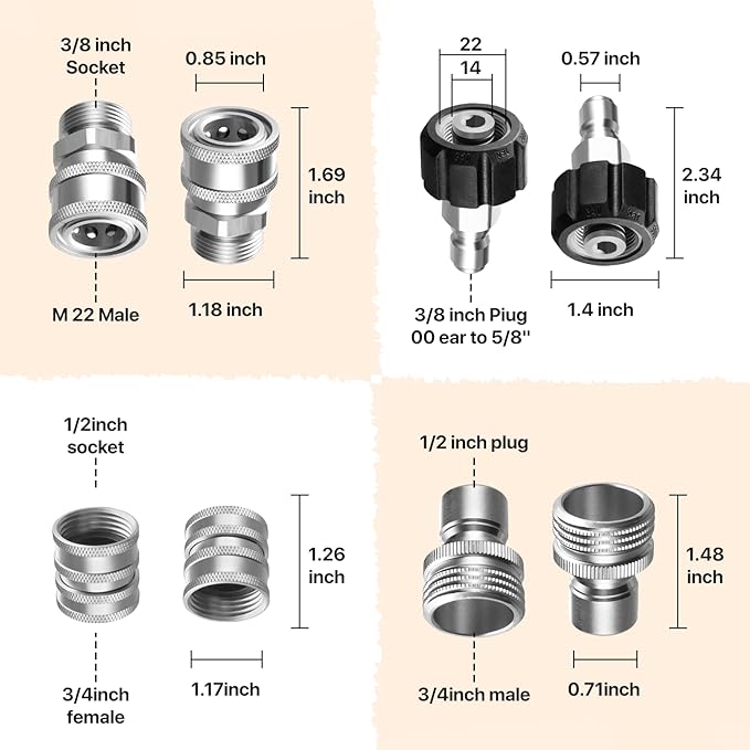 Twinkle Star Pressure Washer Adapter Set, Stainless Steel Quick Disconnect Kit, M22 14 mm Quick Connect Swivel to 3/8'' Quick Connect Fittings, 3/4" to Quick Release 9 Sets