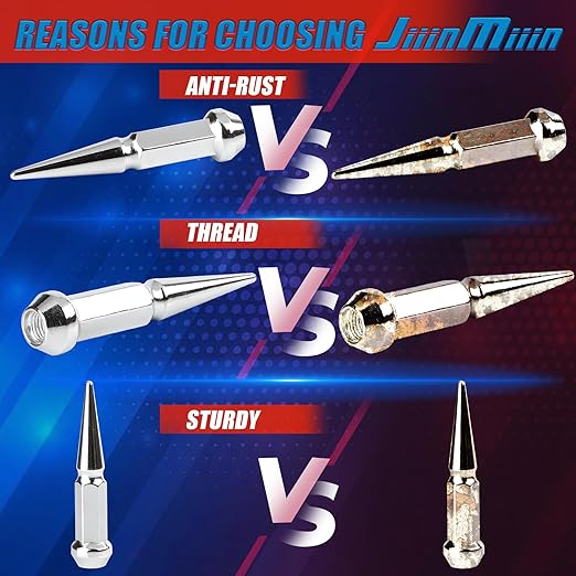 JiiinMiiin M10x1.25 Long Steel Spike Lug Nuts, Thread Pitch 10x1.25, Set of 16 ATV Wheel Nuts with A Socket. [Chrome]