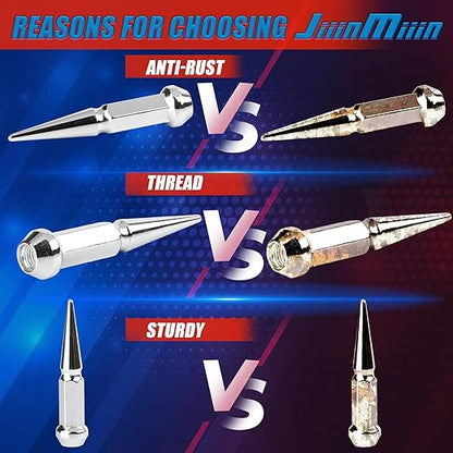 JiiinMiiin M10x1.25 Long Steel Spike Lug Nuts, Thread Pitch 10x1.25, Set of 16 ATV Wheel Nuts with A Socket. [Chrome]