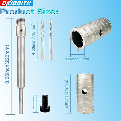 1-1/4" Concrete Hole Saw, 32mm Tungsten Steel Core Bit for Cinder Block, Brick, Rock, Plank Walls for Pipes or mini Split Lines, with SDS Plus Shank and 2 Center Positioning Drill Bits.