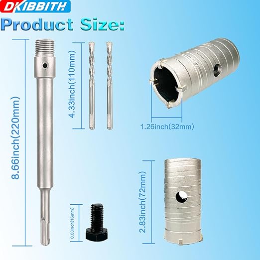 1-1/4" Concrete Hole Saw, 32mm Tungsten Steel Core Bit for Cinder Block, Brick, Rock, Plank Walls for Pipes or mini Split Lines, with SDS Plus Shank and 2 Center Positioning Drill Bits.