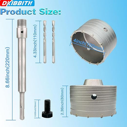 4" Concrete Hole Saw, 102mm Tungsten Steel Core Bit for Cinder Block, Brick, Rock, Plank Walls for Pipes or mini Split Lines, with SDS Plus Shank and 2 Center Positioning Drill Bits.