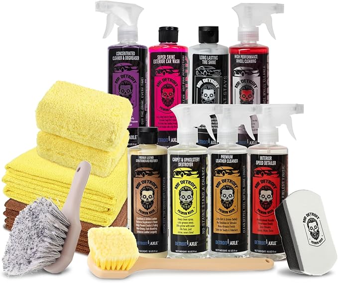 Mr. Detroit - 14pc Car Washing Kit Wheel Long Handle Brush, Applicator Pads, Microfiber Towels, 16oz Degreaser, Car Wash Soap, Interior Detailer, Cleaners, Tire Shine, Leather Care Products