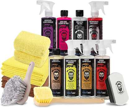 Mr. Detroit - 14pc Car Washing Kit Wheel Long Handle Brush, Applicator Pads, Microfiber Towels, 16oz Degreaser, Car Wash Soap, Interior Detailer, Cleaners, Tire Shine, Leather Care Products