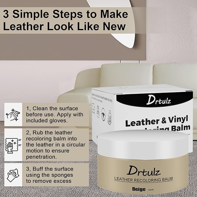 drtulz Beige Leather Recoloring Balm, Leather Color Restorer Conditioner, Leather Repair Kits for Vinyl Furniture, Sofa, Car Seats, Shoes - Repair Leather Color on Faded & Scratched Leather Couches