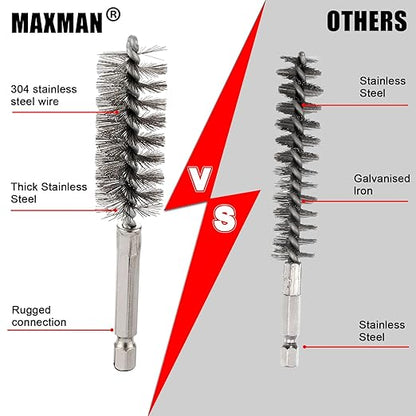 MAXMAN Stainless Steel Bore Brush, 8pcs Wire Brush for Drill, Durable Metal Bristles Twisted, 8 Size Set Multiple Diameter Options, 1/4 Inch Hex Shank, for Power Drill Impact Driver & Tube Cleaning