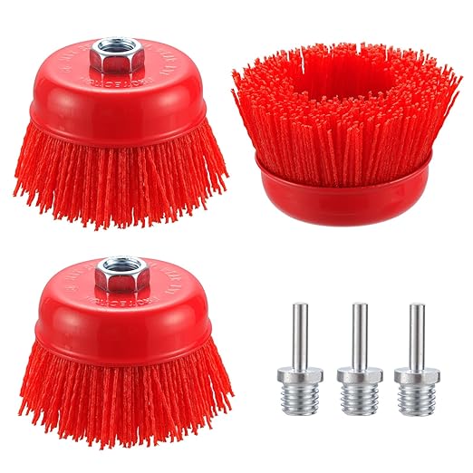 4” Nylon Filament Brush 3 Pack, 4 Inch Abrasive Nylon Bristle Cup Brushes 5/8"-11 Thread for Angle Grinder, with 1/4” Drill Shank Arbor Coarse for Rust Removing, Truck Bed Liner Surface Prep