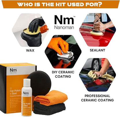 Nano Ceramic (SiO2) Car Polish +Seal. 100mL Kit Complete with Easy Application Nano Polish Application pad and polishing Cloths.