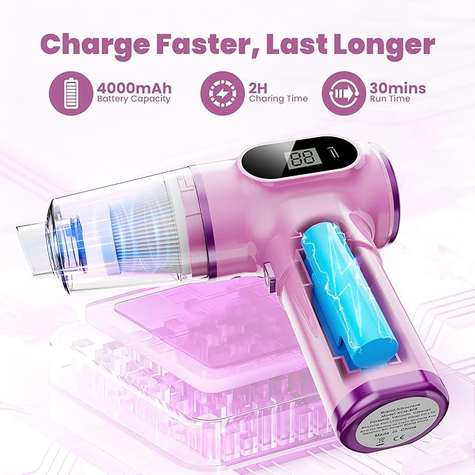 BELIBUY Women-Friendly Cordless Pink Car Vacuum Cleaner – 15000Pa Portable Mini Handheld Vacuum Cleaner, Effortlessly Handles Car,Office,Home & Pet Cleaning