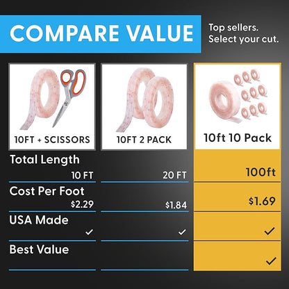 Industrial Strength - 10FT + Scissors Clear Indoor/Outdoor Adhesive Mounting Tape - Self Mating Reclosable Fastener Compatible with 3M SJ3550 / SJ3560 Dual Lock