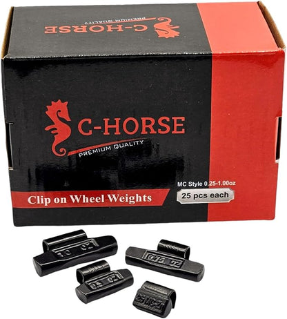 C-HORSE 100Pcs MC Series Clip on Wheel Weights Black Coated Assortment for Hammer Type Rim Balancers, 0.25oz, 0.50oz, 0.75oz, 1.0oz, 25pcs for Each Size Fit for Steel Wheel (MC Style, 0.25-1)
