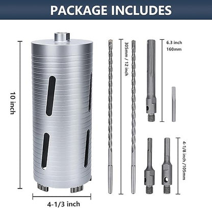 4-1/3 inch Diamond Dry Core Drill Bit, 10" Drilling Depth, 5/8"-11 Thread Core Drill Bit for Concrete Masonry Brick Block, Includes 3 Adapters SDS Plus, SDS Max and Hex (4-1/3 inch)