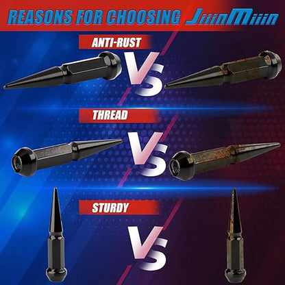 JiiinMiiin M10x1.25 Long Steel Spike Lug Nuts, Thread Pitch 10x1.25, Set of 16 ATV Wheel Nuts with A Socket. [Black]