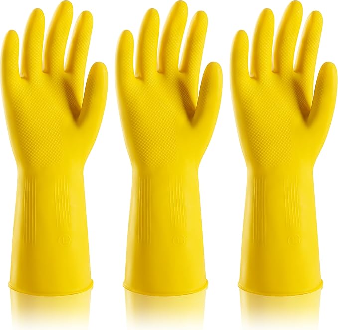 MNOPQ 3 Pairs Rubber Dishwashing Gloves,Reusable Household Gloves for Washing Dishes, Kitchen Cleaning,Painting, Gardening, Pet Care,Extra Thickness, Non-Slip,L